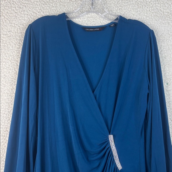 NWOT Colleen Lopez Womens Teal Side Shirred Surplice Faux Wrap Dress Size Medium - Picture 4 of 13